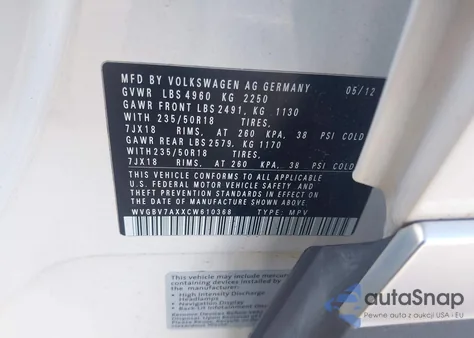 2012 Volkswagen Tiguan Se z USA, uszkodzony, nr VIN WVGBV7AXXCW610368